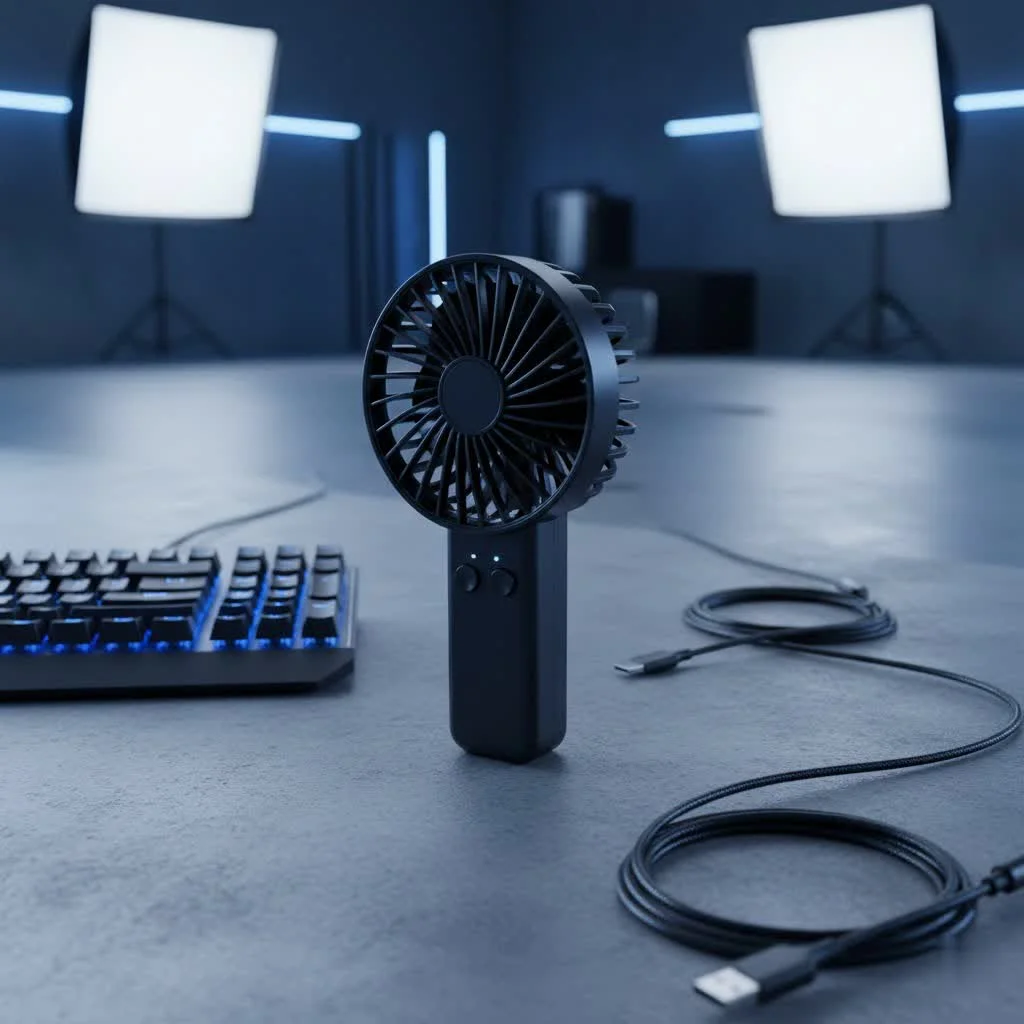 Person using a handheld personal fan battery operated outdoors