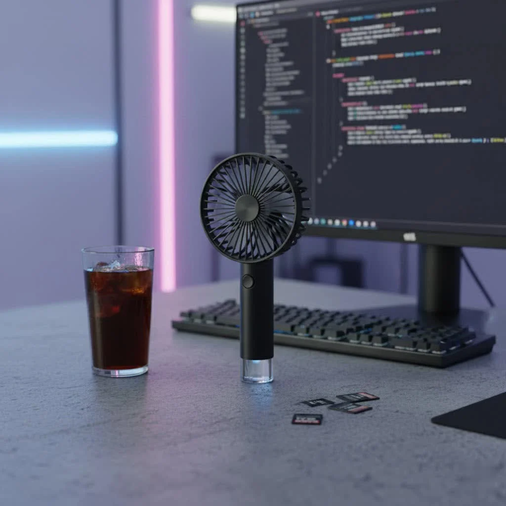 Person holding a white handheld mini fan outdoors