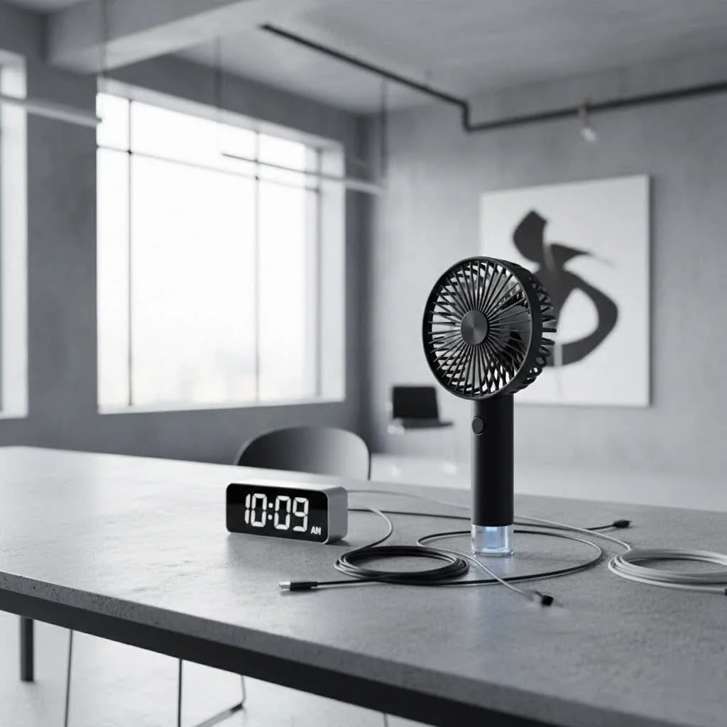 Person holding a white USB handheld fan outdoors