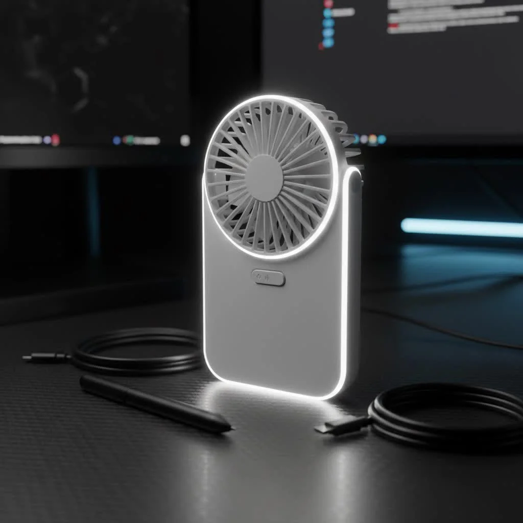 Person holding a mini handheld fan outdoors