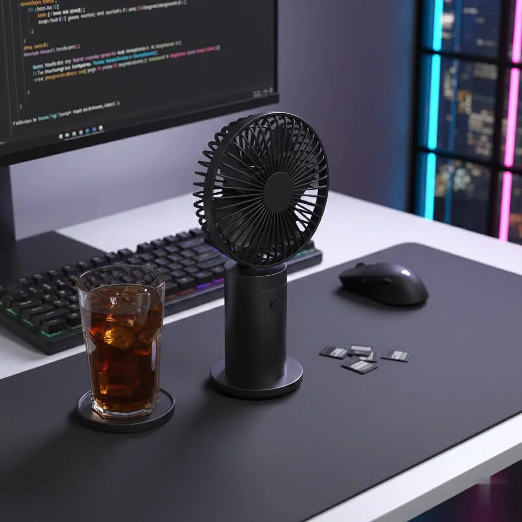 Person holding a handheld water fan for personal cooling