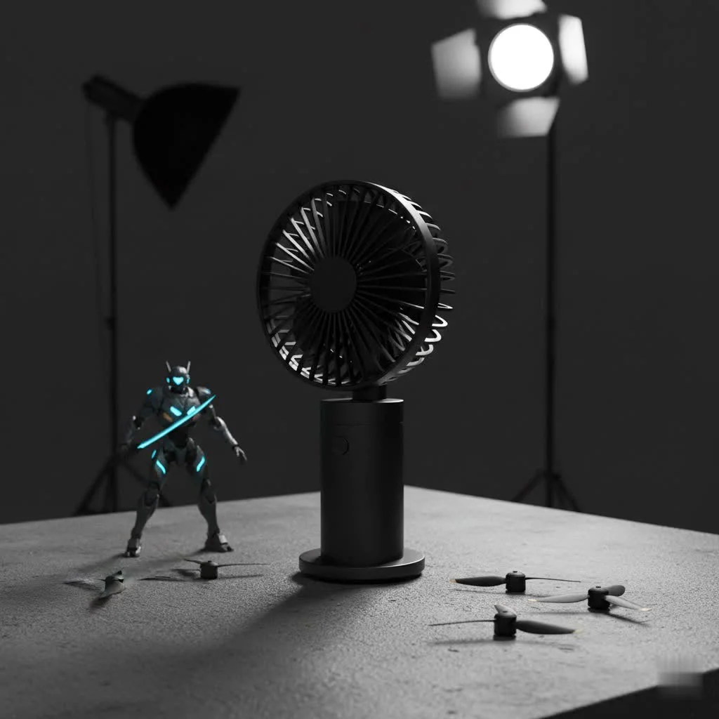 Person using a compact handheld fan outdoors