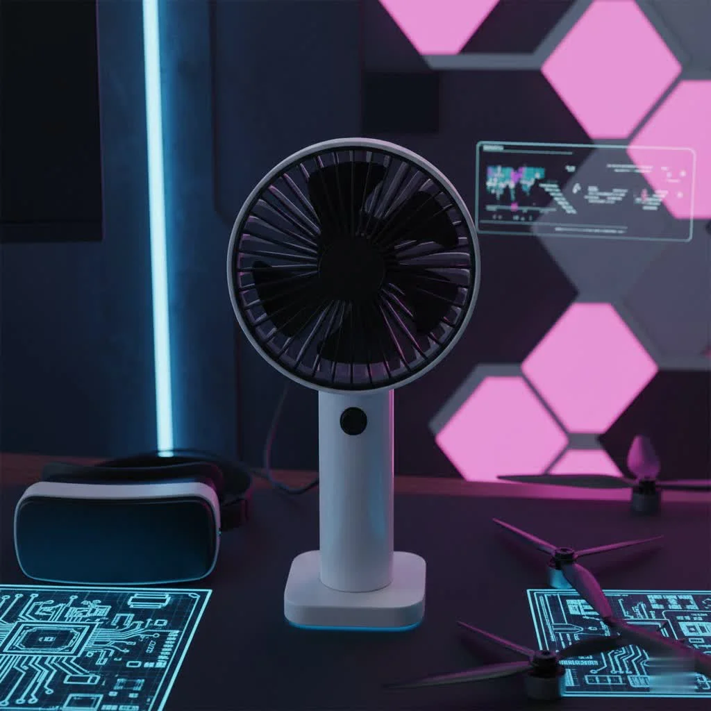 Person holding a compact handheld fan for instant cooling