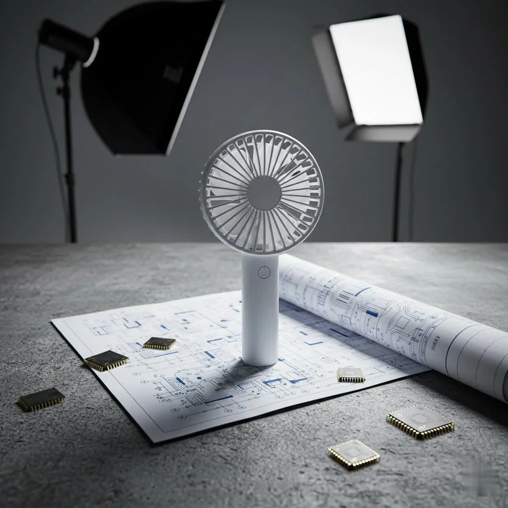 Person using a handheld cooling fan outdoors