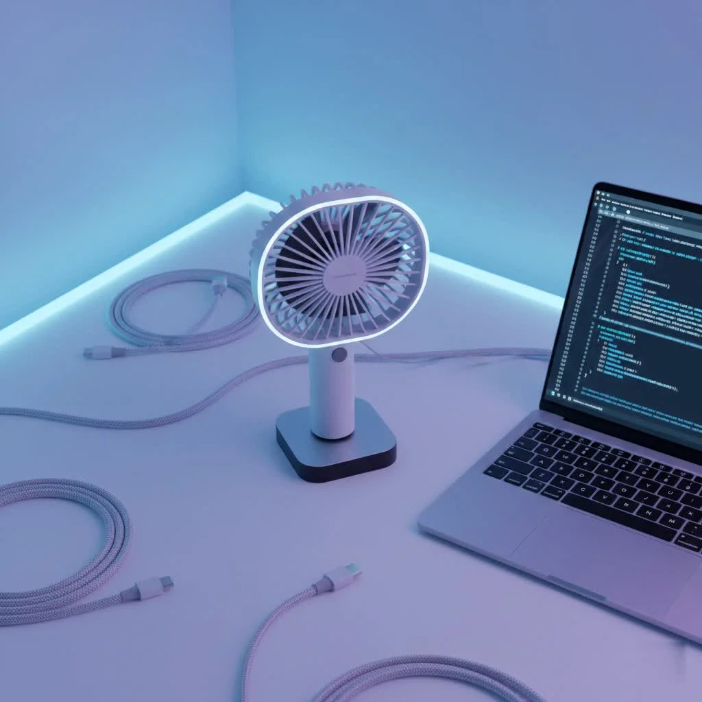 Person holding a white USB handheld fan outdoors