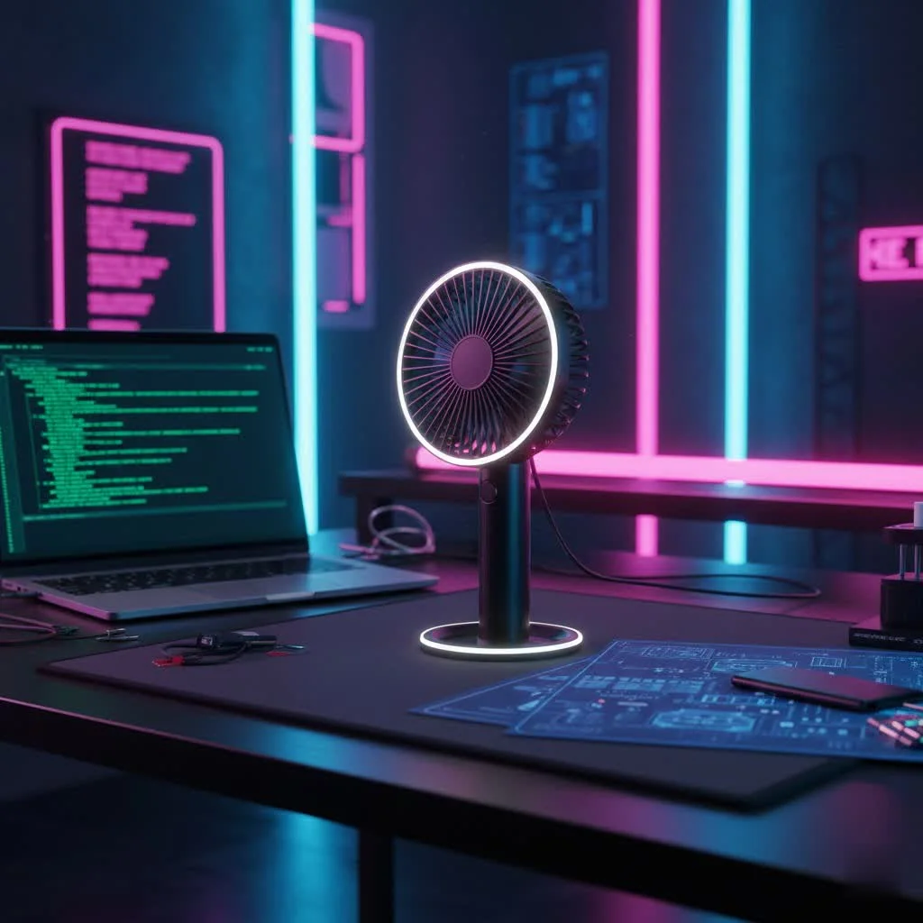 Person holding a silent handheld fan in a quiet environment