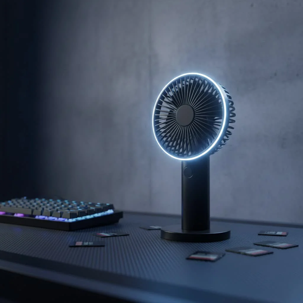 Person holding a compact handheld portable fan outdoors