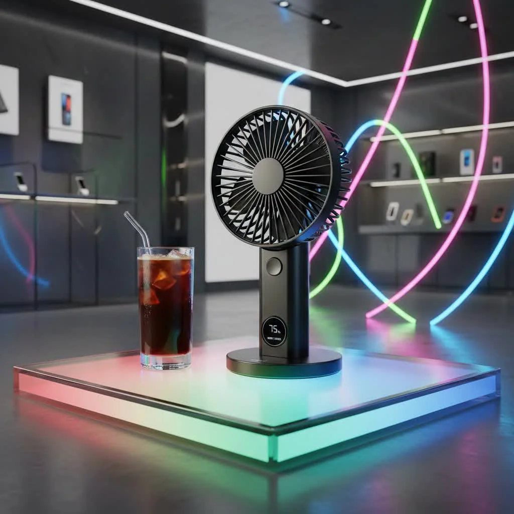 Person using a handheld USB fan outdoors