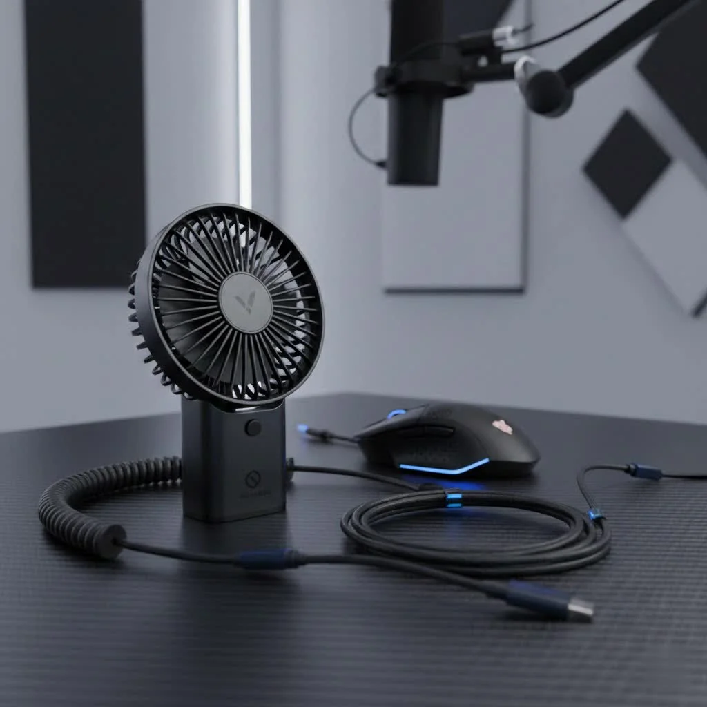Person using a compact handheld desktop fan outdoors