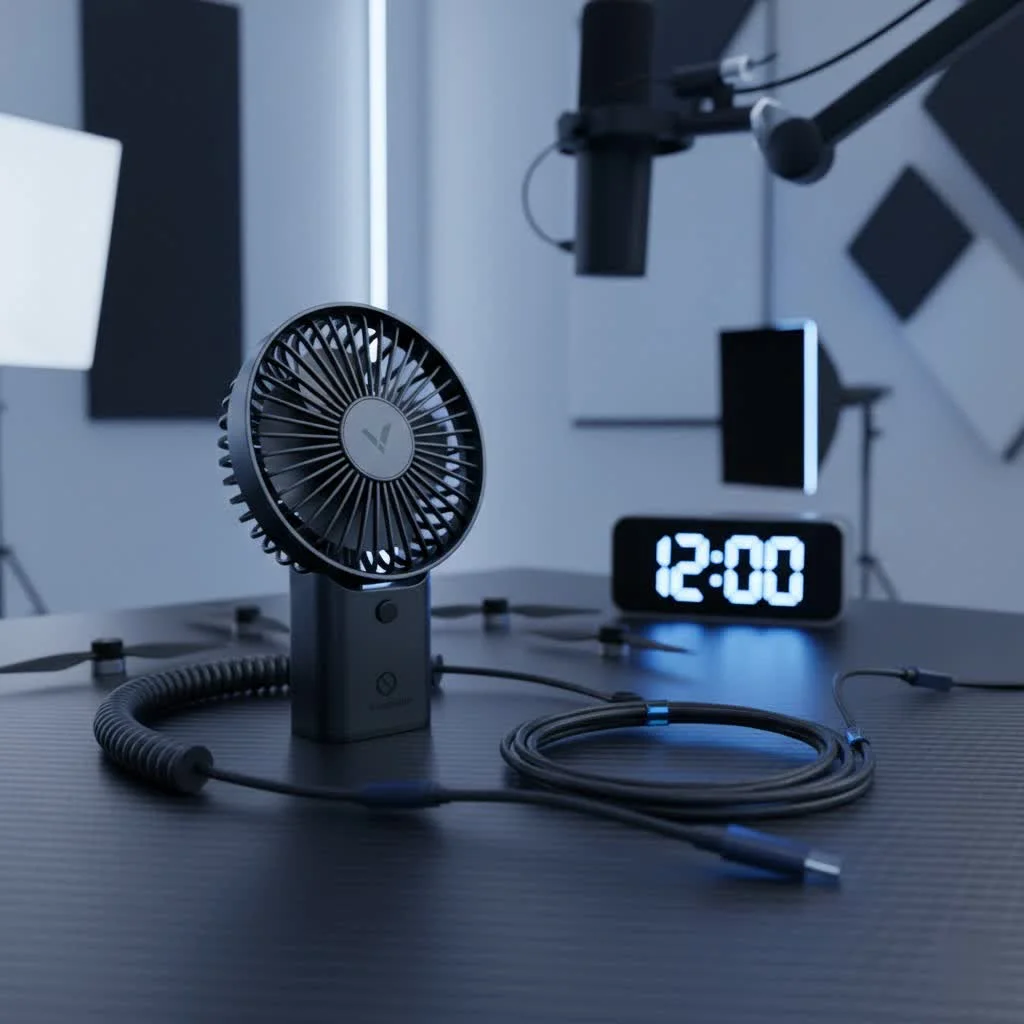 Person holding a powerful handheld fan outdoors